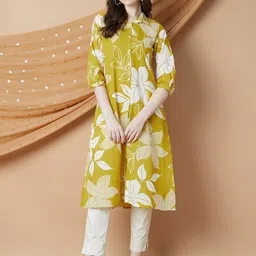 Melange by Lifestyle Floral Printed Shirt Collar A-Line Pure Cotton Kurta-picture-36
