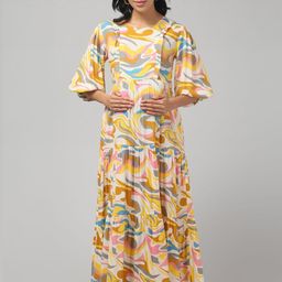 Zuvino Print Bishop Sleeve Ruffled Maternity Fit & Flare Maxi Dress-image-95
