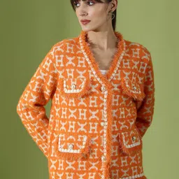 KALINI  Printed V-Neck Woollen Cardigan-image-15