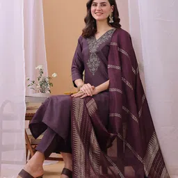 KALINI Yoke Design Sequinned Straight Kurta With Trousers And Dupatta-2