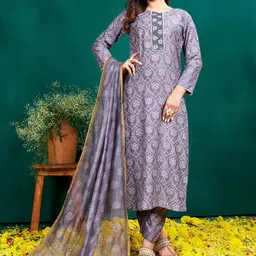 ARADHNA Floral Printed Thread Work Round Neck Straight Kurta With Trousers & Dupatta-picture-1