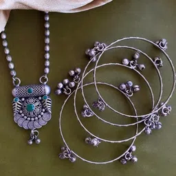 anouk Sangria Set of 5 German Silver Plated & Green Stone Studded floral shaped Bangle & Necklace-picture-14