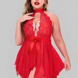 Broiden Women Self Design Net Halter Neck Mini Baby Doll-image-22