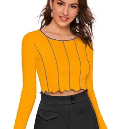 Fashion Care Adults-Women Yellow Solid Polyester Round Neck Regular Top-image-99