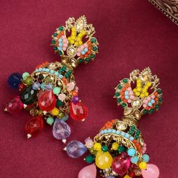 Rukhmani Gold Plated American Diamond Studded And Beaded Contemporary Jhumkas-image-9