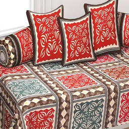 INDHOME LIFE 6Pcs Red & Red Printed Pure-Cotton 190TC Breathable Diwan Set-14