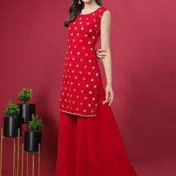 PARROT CREATION Geometric Embroidered Sequinned Georgette Kurti with Sharara And Dupatta image 3