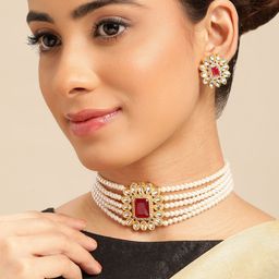 Anouk Women Gold-Plated Kundan Studded & white Pearl Choker Jewellery Set-18