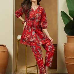 Janasya Floral Printed Pure Cotton Straight Peplum Tunic With Trousers Co-Ords-picture-2
