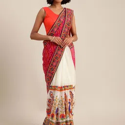 DIVASTRI Ethnic Motifs Beads and Stones Pure Georgette Half and Half Bandhani Saree-picture-15