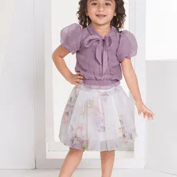 Peppermint Girls Mandarin Collar Puff Sleeves Top With Skirt-58