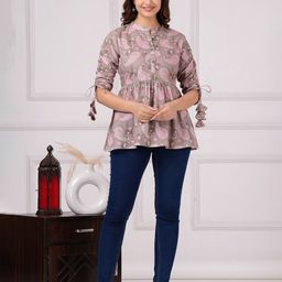 Royal Marque Floral Print Mandarin Collar Cotton Peplum Top-image-65