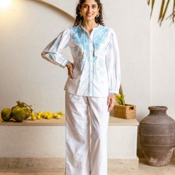 AUTUMN LANE Floral Embroidered Round Neck Pure Cotton Shirt With Trousers-image-76