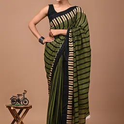 Crafts Moda Women Green Striped Pure Cotton Block Print Saree-image-77