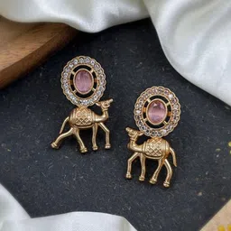 NAMAN ARTS Rose Gold-Plated Artificial Stones Studded & Beaded Oxidised Drop Earrings-image-48