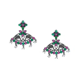 NILA Silver-Plated Artificial Stones Studded & Beaded Contemporary Oxidized Drop Earrings-image-16