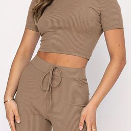 Outzidr Ribbed Short Sleeves Crop Top With Trouser-image-46