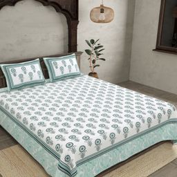 JAIPUR FABRIC White & Green Floral Cotton 180 TC Double King Bedsheet Set-2.74mx2.28m-picture-41