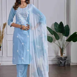 DRUPH & CO Paisley Embroidered Chikankari Pure Cotton Kurta With Trousers & Dupatta-picture-42