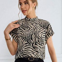KASHIAN Animal Print Choker Neck Short Sleeves Top-image-16