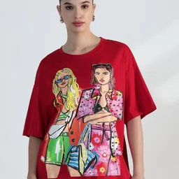 SHOWOFF Graphic Printed Embellished Round Neck Cotton Oversized T-Shirt-26