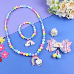 Asthetika Kids Girls Rainbow Charm Beaded Necklace Bracelet & Ring With Hair ClipSet-picture-15