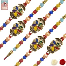 MEIRA JEWELLERY Set Of 5 Beaded Floral Rakhi Comes with Roli Chawal & Greeting Card-image-95