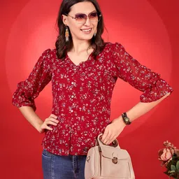 Fashion2wear Floral Print Puff Sleeve Georgette Wrap Top-image-82