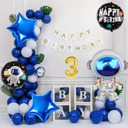 Astronaut Space Theme 3rd Birthday Decoration Kit for Boys Blue & White Balloon-image-95