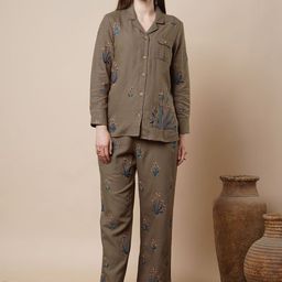 FASHOR Floral Embroidered Cotton Shirt Collar Shirt With Trousers Co-Ords-image-45