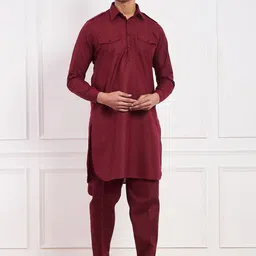 Satwaa Shirt Collar Double Pocket Pathani Kurta with Trousers-image-69