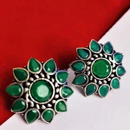 Yash Jewels Emporiums Silver-Plated Artificial Stones Studded Oxidized Floral Shape Studs-image-21