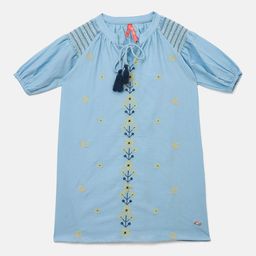 Blue Giraffe Floral Embroidered Tie-Up Neck A-Line Dress-image-57