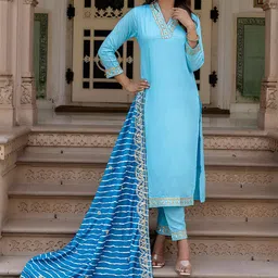 NIZA FASHION Floral Yoke Design V-Neck Sequinned Straight Kurta With Trousers & Dupatta-picture-12