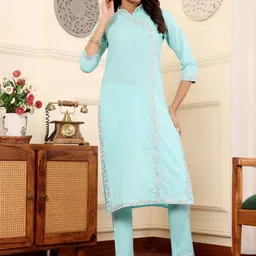 HERE&NOW Women Floral Embroidered Regular Thread Work Pure Cotton Kurta with Trousers-picture-57