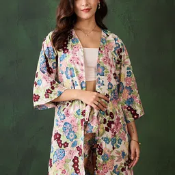 StyleStone Floral Printed Shawl Neck Shrug With Shorts-image-94