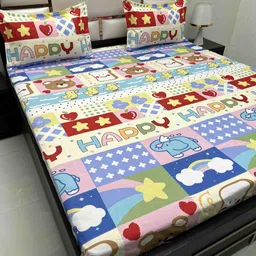Pure Decor White & Blue Cartoon Characters Queen Bedsheet with 2 Pillow Covers-11