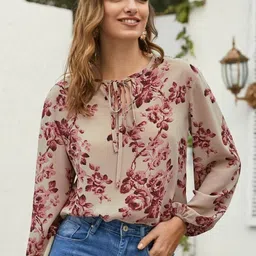 Moda Rapido Floral Print Tie-Up Neck Puff Sleeves Top-picture-49