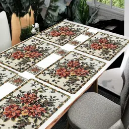 REVEXO 12-Pcs White & Pink Printed Table Placemats&Coasters-58