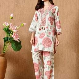 filora Floral Printed Mirror Work V-Neck Pure Cotton Straight Kurta With Trousers-image-26