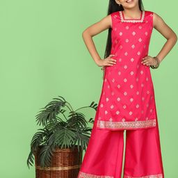Sangria Girls Red Floral Printed Cotton Blend Square Neck Straight Kurta With Palazzos-picture-33