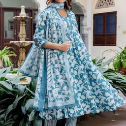 Indo Era Floral Printed Square Neck Pure Cotton A-Line Kurta With Trousers & Dupatta-17