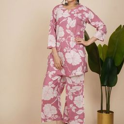 EKISHA Floral Printed Pure Cotton Round Neck Tunic With Palazzos Co-Ords-picture-0