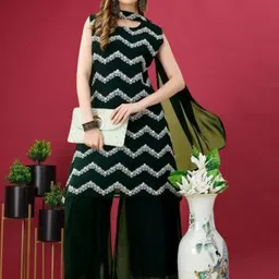 PARROT CREATION Women Embroidered Regular Sequinned Kurti with Palazzos & With Dupatta-52
