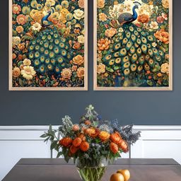 Kotart Brown & Green 2 Pieces Peacock Printed Wooden Wall Art-picture-0