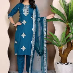 FULPARI Floral Embroidered Thread Work Straight Kurta With Trousers & Dupatta-picture-18