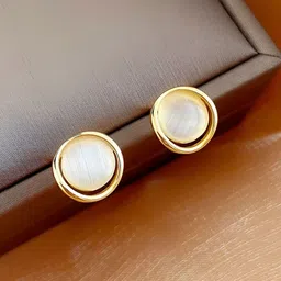 COOLWOOL Gold-Plated Artificial Stones Studded Korean Circular Studs-5