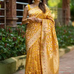 SHOP DROP Ethnic Motifs Printed Zari Pure Silk Banarasi Saree-image-69