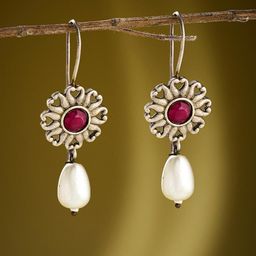 Fabindia Silver Plated Artificial Stones & Beads Studded Contemporary Shaped Drop Earrings-16