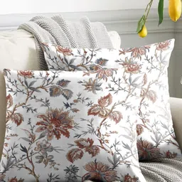 Aura White & Brown 2 Pieces Floral Printed Square Cushion Covers-image-57